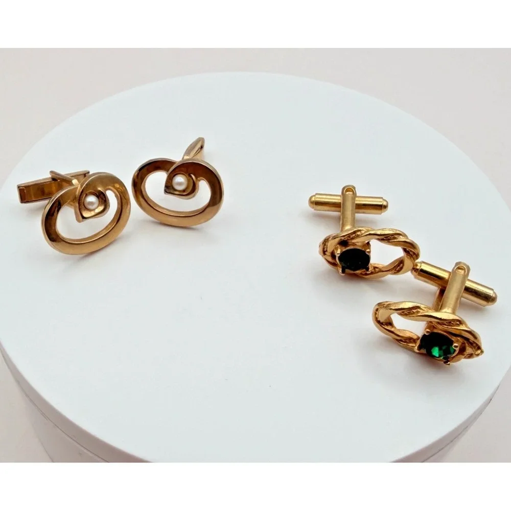 Vintage Y2K Gold Tone Faux Pearl Green Glass Cufflinks Set 2 Pair Men's Jewelry